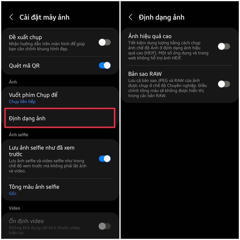Lưu ảnh ở định dạng HEIF và RAW