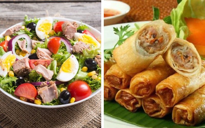 Khai vị: Salad cá ngừ kèm bánh phồng tôm, Nem rán cùng củ cải muối