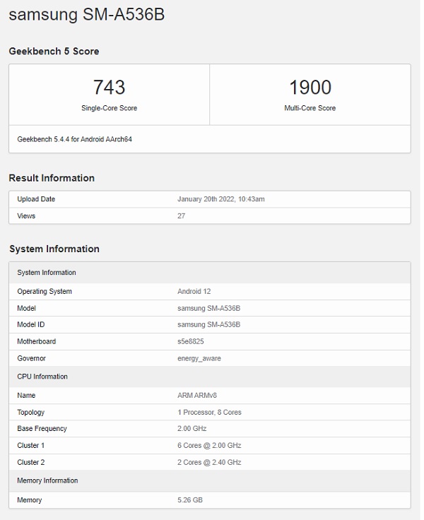 galaxy a53 geekbench 5