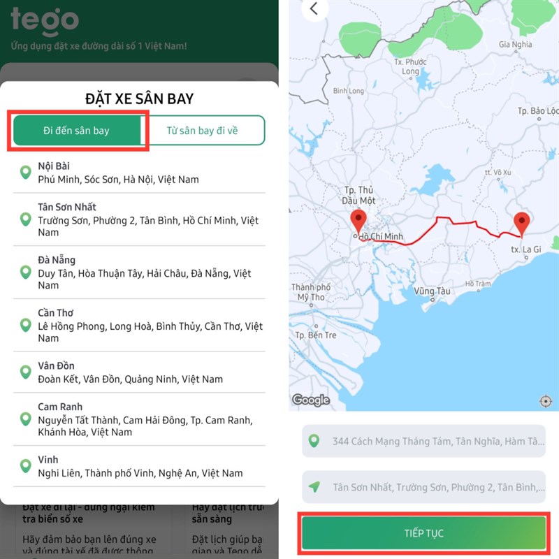 Cách đặt xe đường dài trên ứng dụng Tego