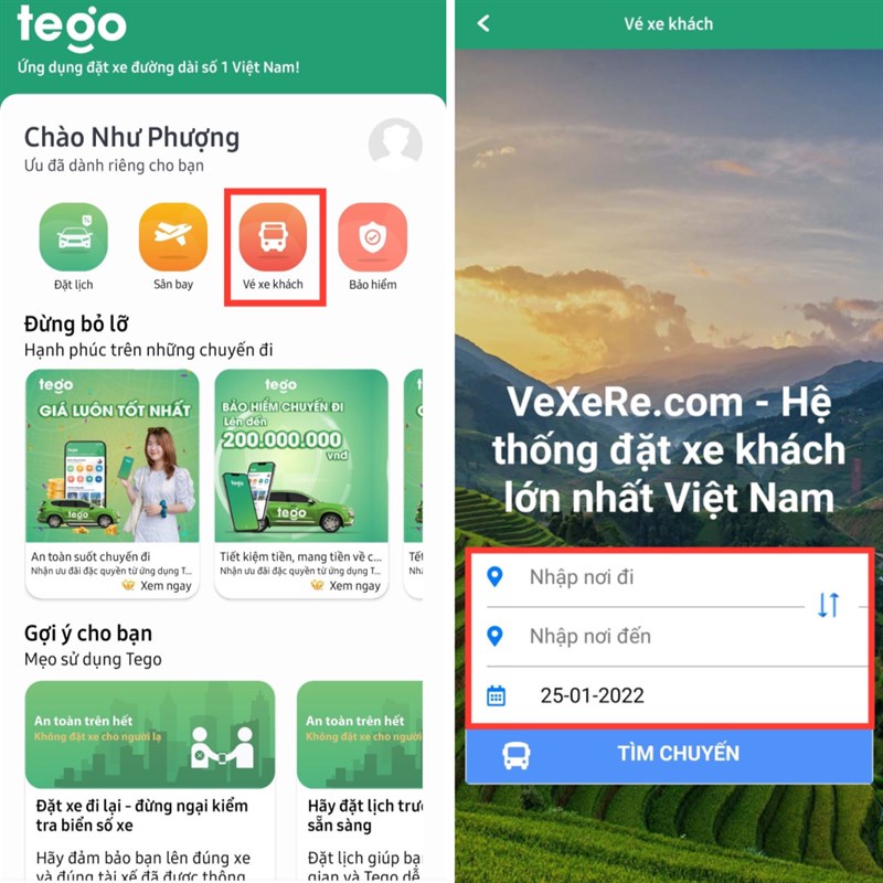 Cách đặt xe đường dài trên ứng dụng Tego