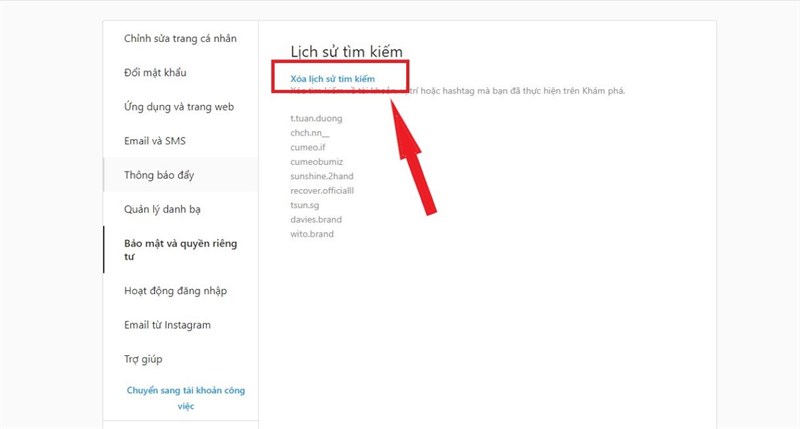 cách xóa lịch sử tìm kiếm Instagram trên máy tính