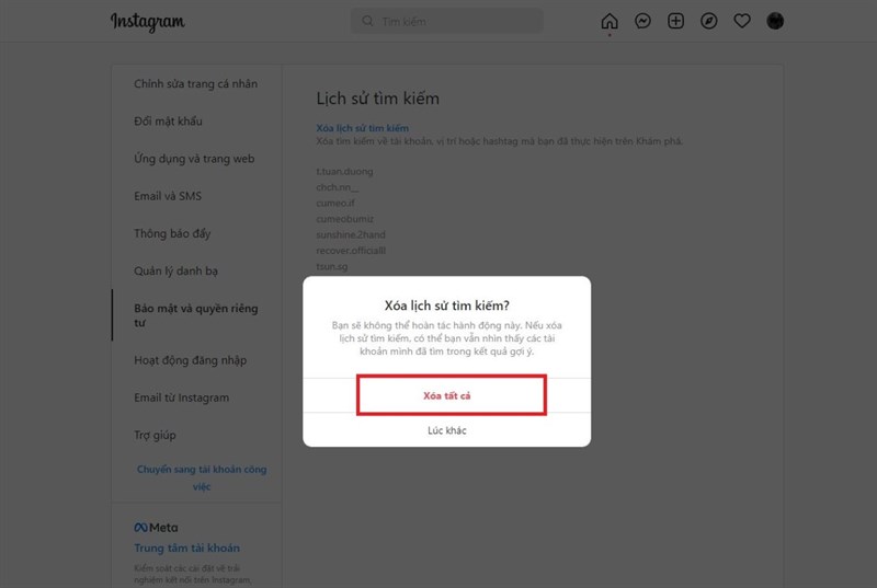 cách xóa lịch sử tìm kiếm Instagram trên máy tính