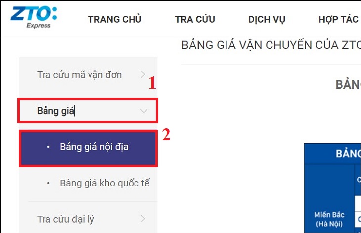 Chọn mục Bảng giá nội địa.