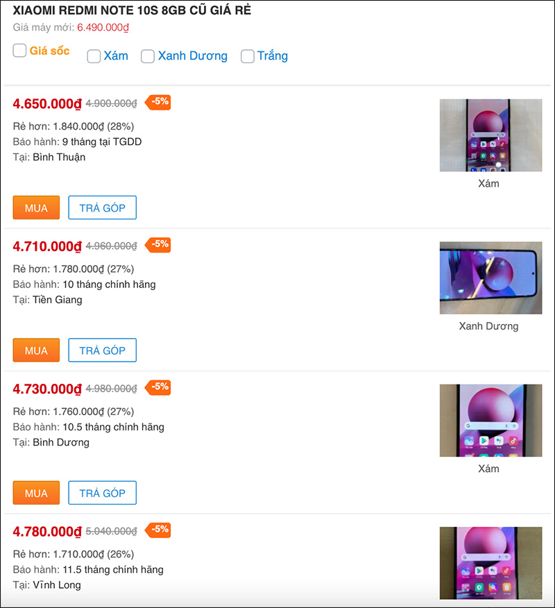 Giá Xiaomi Redmi Note 10S cũ hiện tại Giá Xiaomi Redmi Note 10S cũ hiện tại