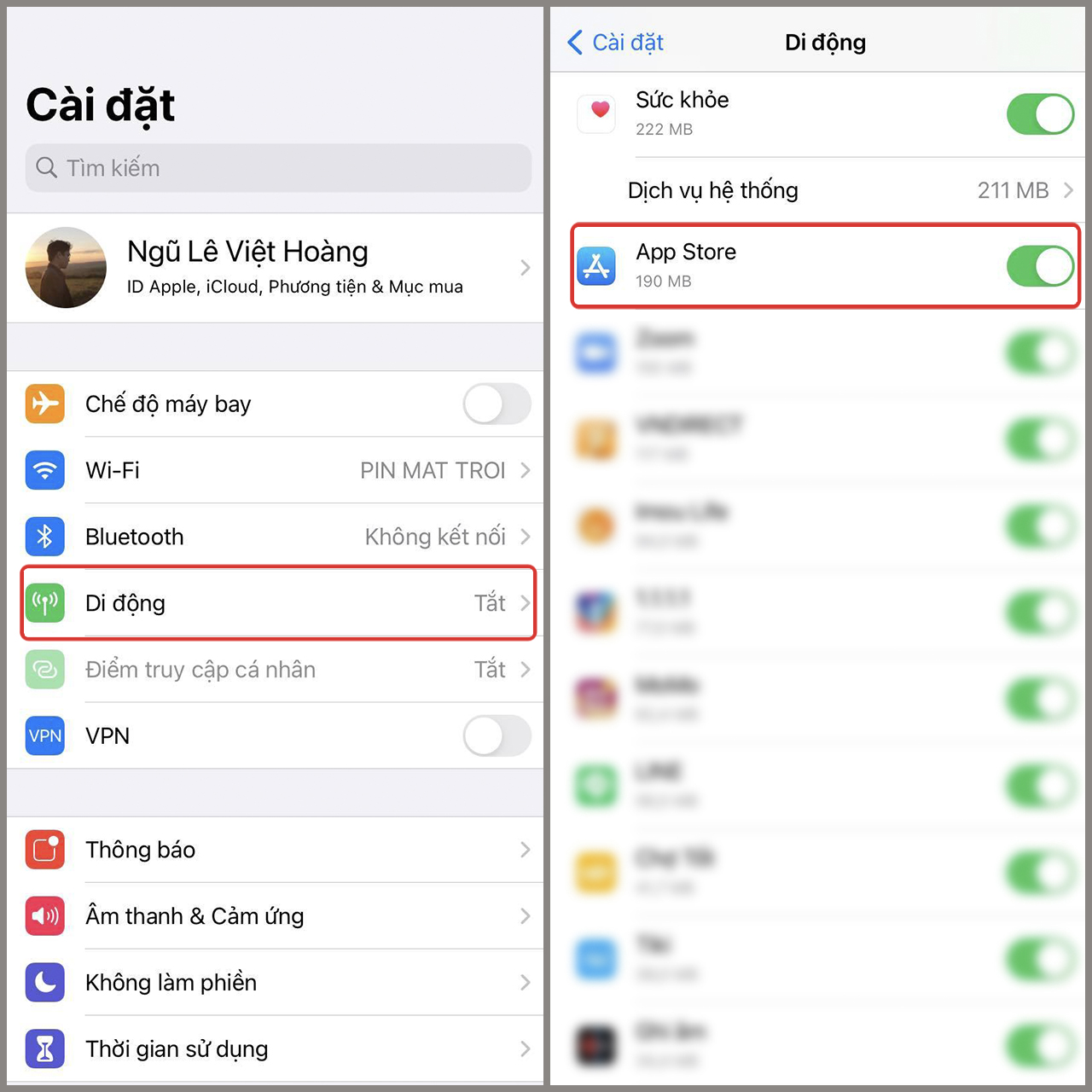 Bật App Store trong dữ liệu