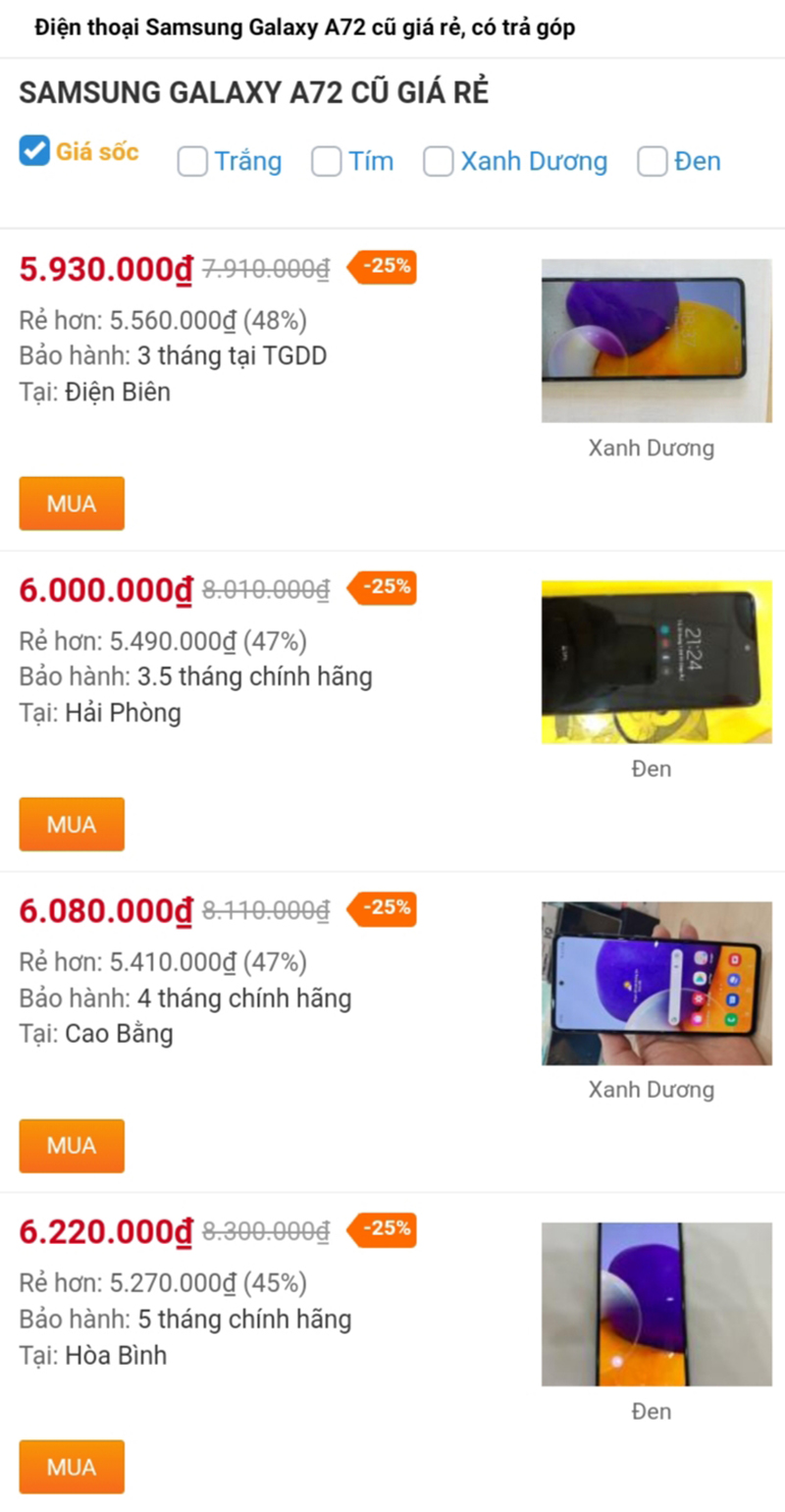 giá galaxy a72 cũ hiện tại