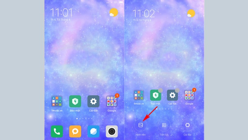 Bấm giữ màn hình để hiện bảng chức năng và chọn Hình nền