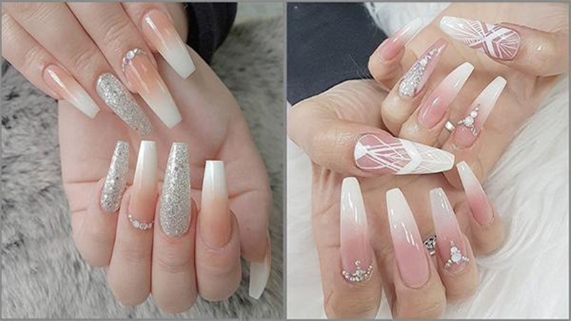 Nail Ombre trắng hồng kim tuyến