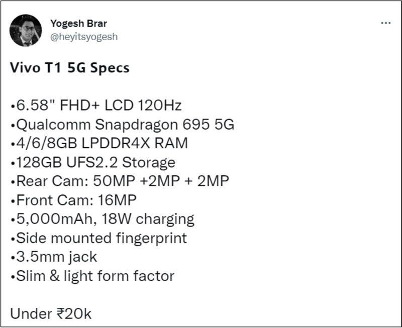 Rò rỉ thông số kỹ thuật Vivo T1 5G bản quốc tế, khác so với bản nội địa