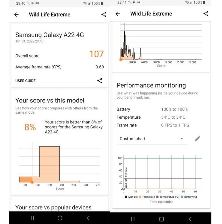 Kết quả bài test hiệu năng của Galaxy A22 với phần mềm Wild Life Extreme.