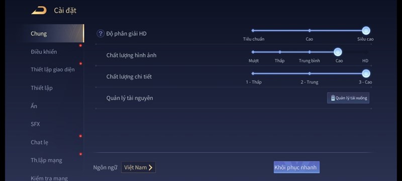 Thiết lập đồ họa game Liên Quân Mobile trên Galaxy A22.