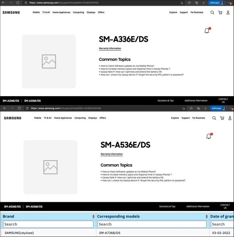 Samsung tạo trang hỗ trợ cho Galaxy A33, Galaxy A53, Galaxy A73 lộ diện trên trang BIS Samsung tạo trang hỗ trợ cho Galaxy A33, Galaxy A53, Galaxy A73 lộ diện trên trang BIS