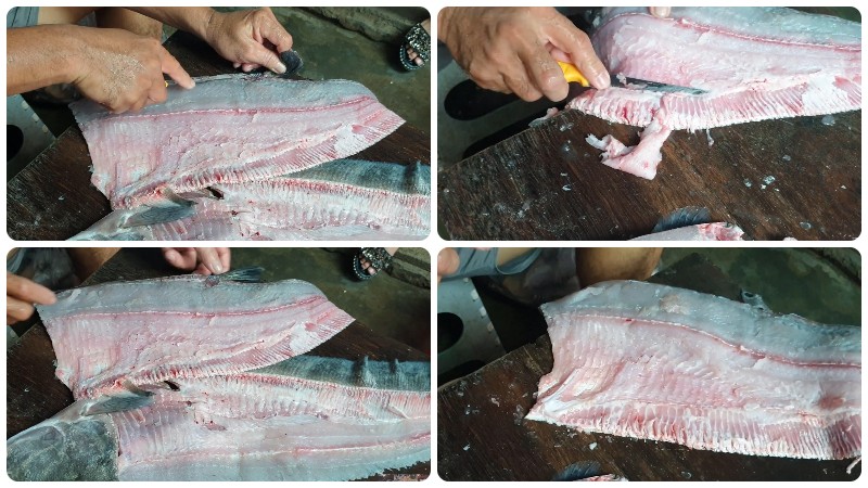 Cắt kỳ và kiểm tra phần thịt cá