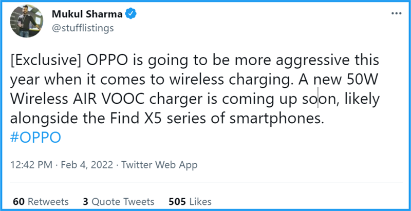 leaker Mukul Sharma chia sẻ thông tin về bộ sạc không AIR VOOC 50 W sắp ra mắt của OPPO