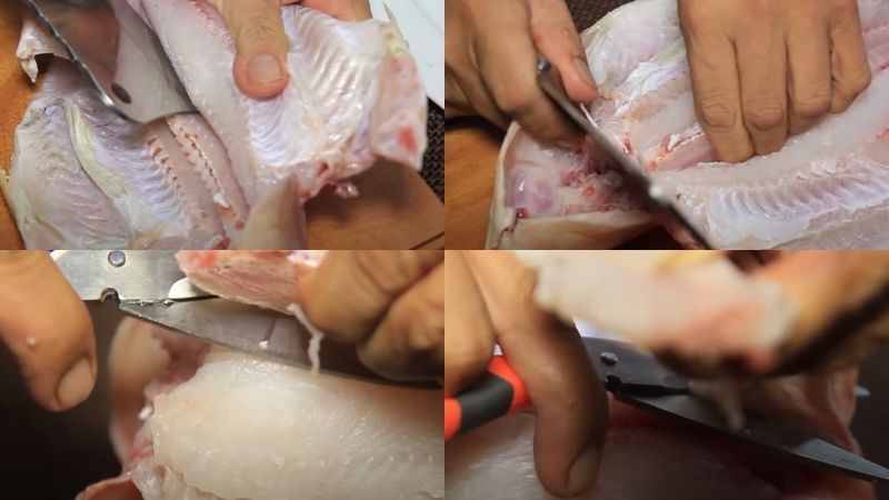 Dùng kéo tách phần thịt ra khỏi phần xương sống cá
