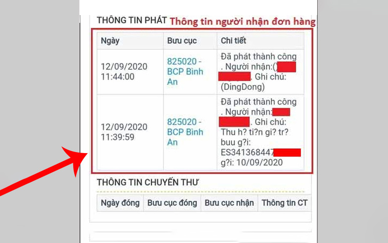 Thông tin về bưu phẩm và quá trình vận chuyển