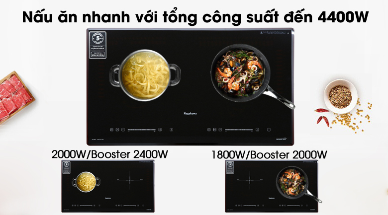 Tổng công suất tối đa 4400W với 2 vùng nấu 9 lý do chọn mua bếp điện từ đôi lắp âm Nagakawa NK2C08MS > Tổng công suất tối đa 4400W với 2 vùng nấu