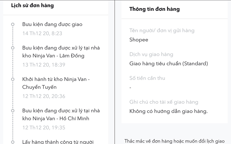 Lịch sử vận đơn tại website Ninja Van