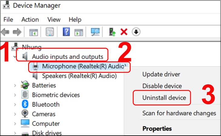 Bước 2: Chọn Audio Inputs and Outputs > Click chuột phải vào Microphone > Chọn Update Driver” title=”Bước 2: Chọn Audio Inputs and Outputs > Click chuột phải vào Microphone > Chọn Update Driver”/></figure>
<p>Tìm lỗi từ “Tiếng rắc rối” Ngoài ra nó còn giúp bạn khắc phục lỗi micro laptop không nói hiệu quả.  Để làm điều này, hãy làm như sau:</p>
<p><strong>Bước 1:</strong> Tìm và chọn <strong>Giải quyết các vấn đề </strong>cài đặt từ phím Windows.</p>
<figure class=