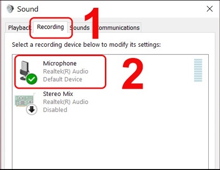 Bước 3: Chọn Recording > Nhấn đúp vào Microphone