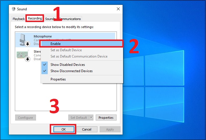 Bước 3: Nhấn thẻ Recording > Nhấn chuột phải vào thiết bị micro > Chọn Enable