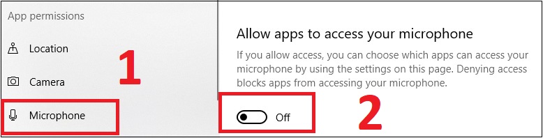 Bước 3: Để bật micro, bạn chọn Microphone ở thanh bên trái > Nhấn vào nút Off ở dưới mục Allow apps to access your microphone
