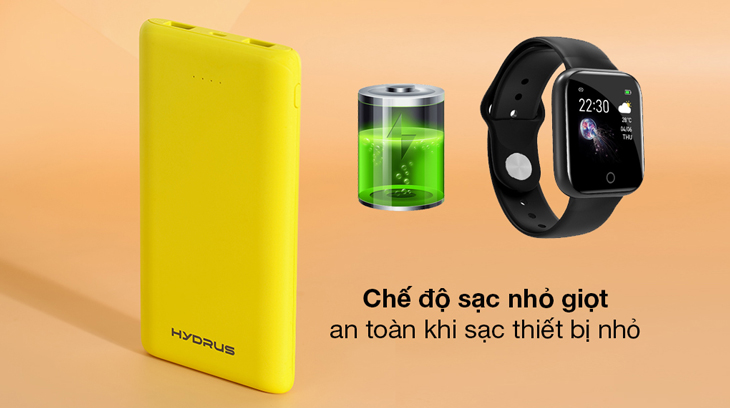 Pin sạc dự phòng Polymer 10.000 mAh Hydrus PA CK01 được hỗ trợ chế độ sạc nhỏ giọt.