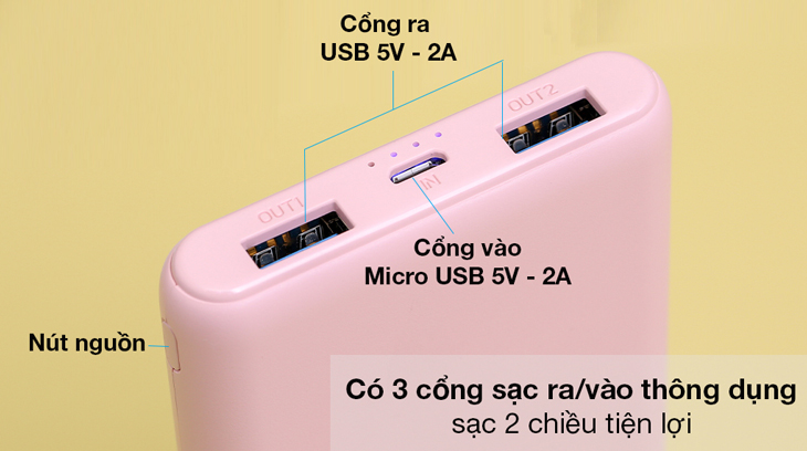 Pin sạc dự phòng Polymer 10.000 mAh Hydrus PJ JP196 tương thích nhiều thiết bị với 3 cổng ra/vào.