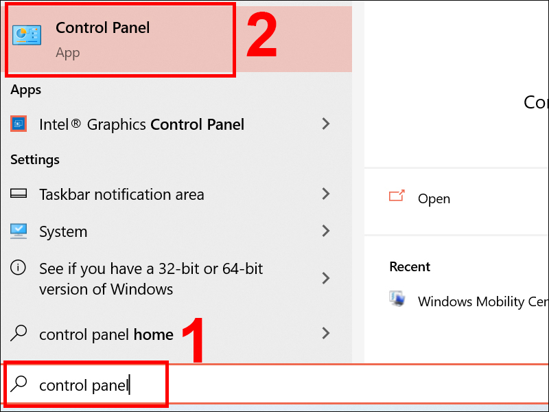 Bước 1: Tìm chọn Control Panel trong ô tìm kiếm trên Windows 10
