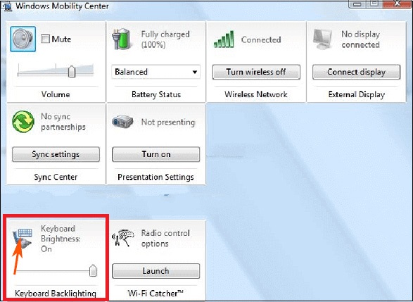 Bước 3: Tại màn hình Windows Mobility Center, nhấn vào biểu tượng của Keyboard Backlighting