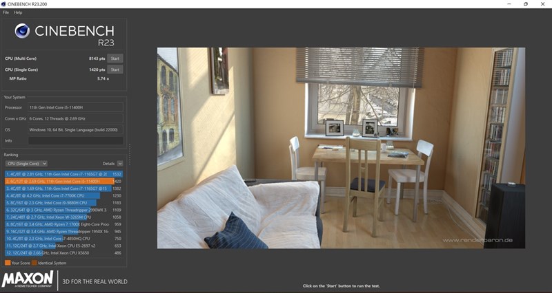 Điểm Cinebench R23 của ASUS TUF Gaming FX506HCB (HN144W).