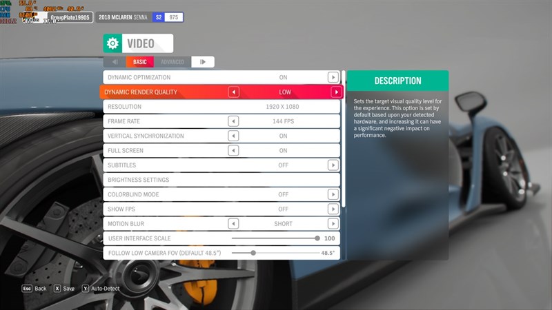 Thiết lập đồ họa trong Forza 4 Horizon mà mình chỉnh để test hiệu năng ASUS TUF Gaming FX506HCB (HN144W).