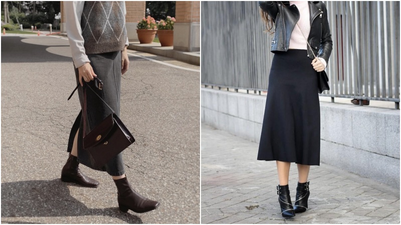 Bộ đôi boots thấp cổ và chân váy suông