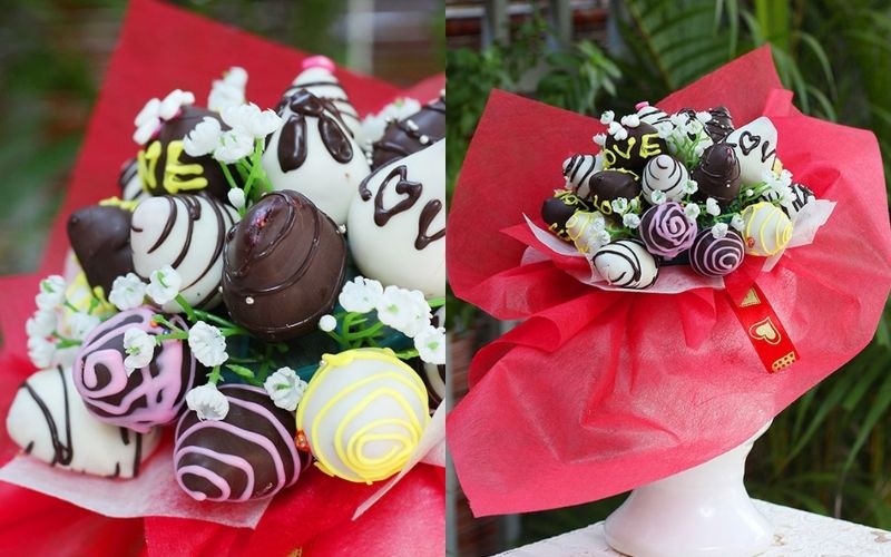 Hoa chocolate valentine dạng bó hoa dâu tây nhúng socola