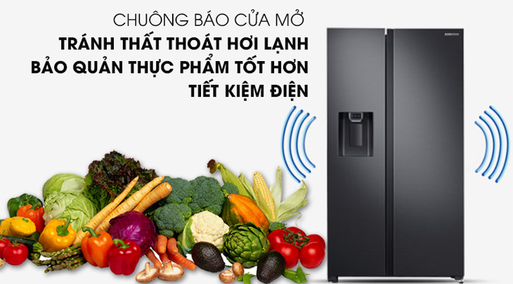 Tủ lạnh Samsung Inverter 635 lít RS64R5301B4/SV được trang bị chuông báo mở cửa giúp hạn chế gây thất thoát hơi lạnh ra bên ngoài làm tiêu tốn điện năng