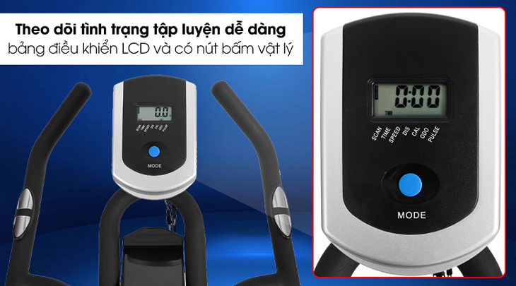 Xe đạp tập thể dục Airbike Sports MK-100 được trang bị màn hình LCD và nút bấm vật lý dễ dàng thao tác, sử dụng thuận tiện.