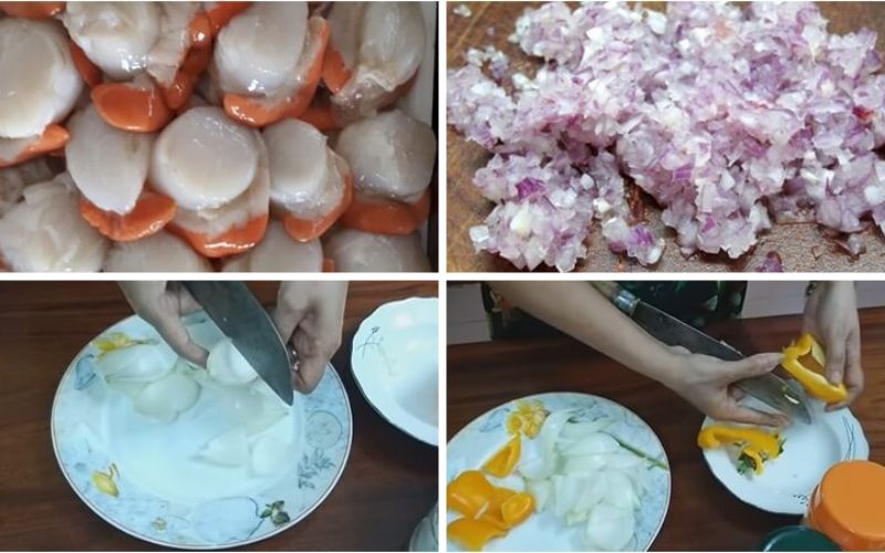 Sơ chế nguyên liệu làm món sò điệp xào hành tây