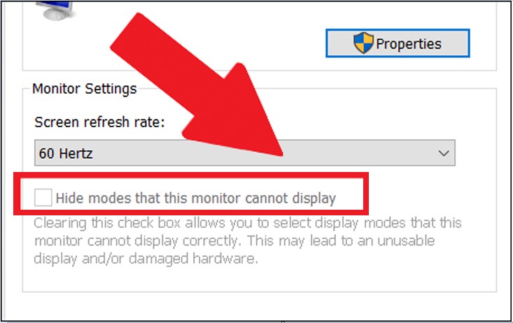 Click chọn thêm tùy chọn Hide Modes That This Monitor Cannot Display