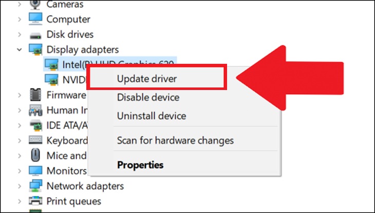 Bạn click chuột phải vào adapter màn hình và chọn Update Driver.