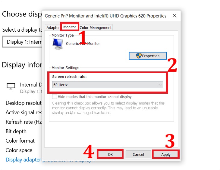 Bạn chọn Monitor rồi click vào Screen refresh rate và chọn tốc độ như mong muốn -> Nhấn chọn Apply -> Chọn OK