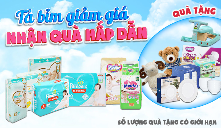 Tã bỉm Pampers giảm giá sốc còn tặng thêm quà