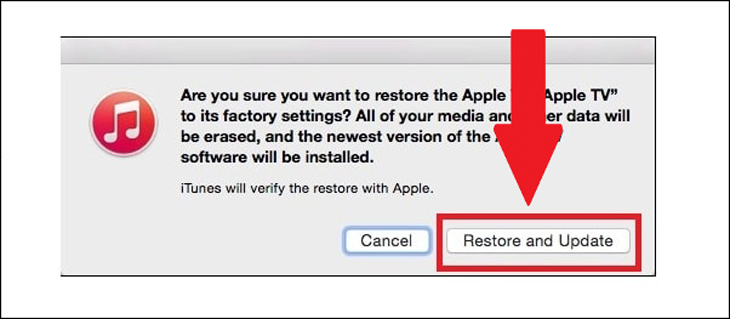 Hướng dẫn 2 cách reset, khôi phục cài đặt gốc cho Apple TV bằng remote và máy tính > Bạn chọn Restore and Update (Khôi phục và Cập nhật) để Apple TV cập nhật phần mềm phiên bản mới nhất.