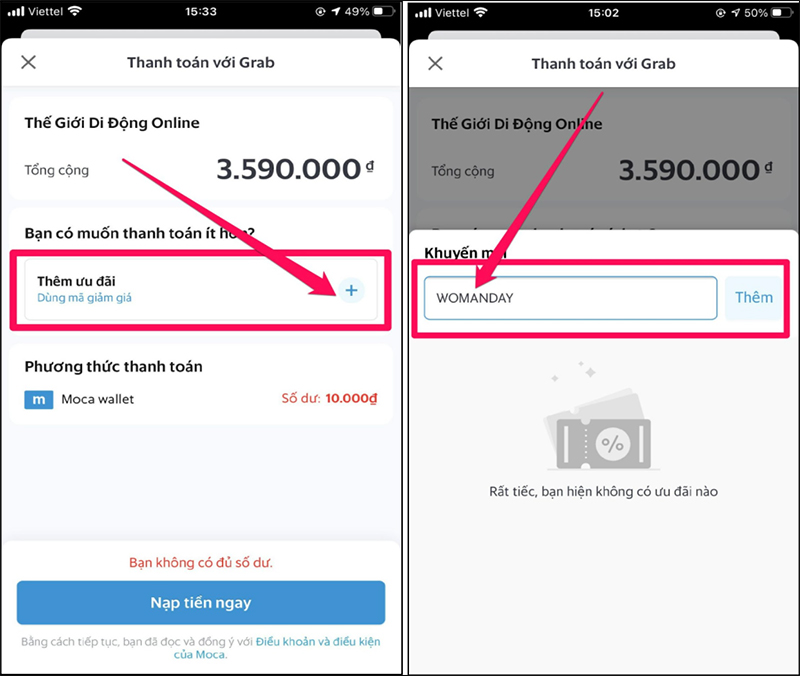 Thanh toán qua Moca, nhập WOMANDAY giảm đến 500K khi mua sắm tại TGDĐ