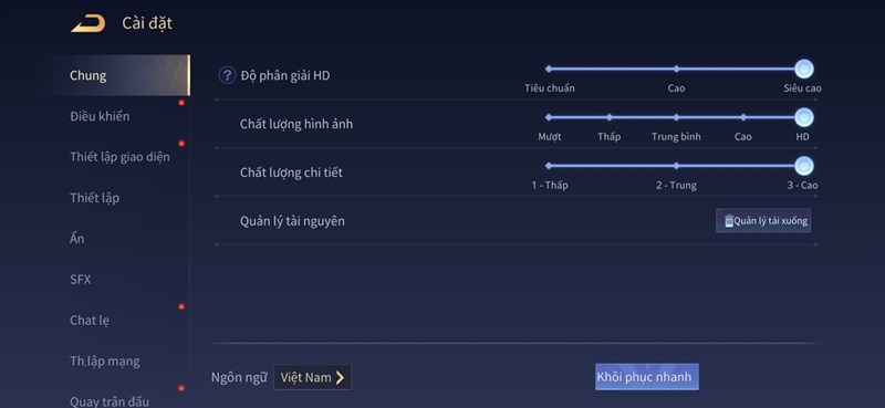Thiết lập đồ hoạ tựa game Liên Quân Mobile cho bài test pin trên Galaxy S22.