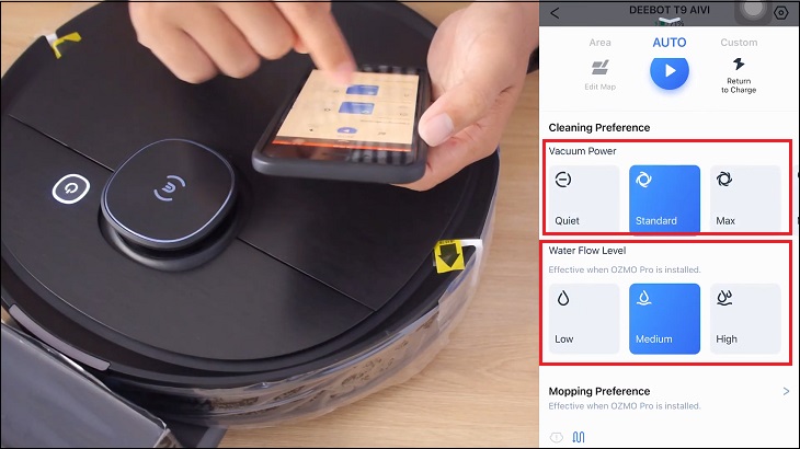 Hướng dẫn sử dụng robot hút bụi Ecovacs T9 AIVI đơn giản > Điều chỉnh công suất hút và mức nước