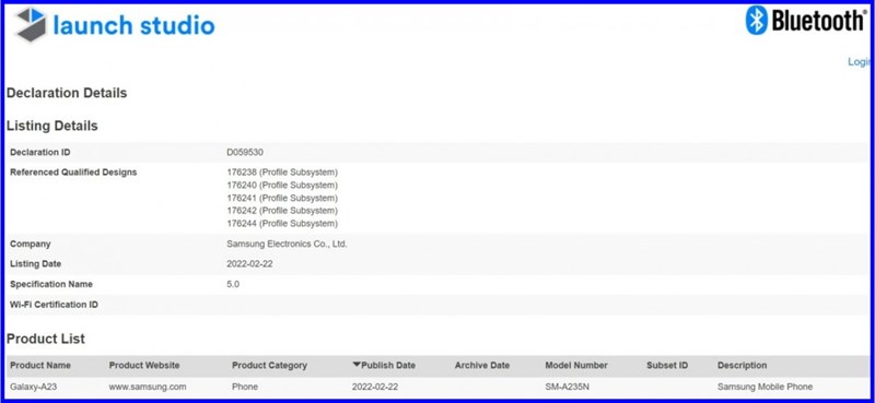 Galaxy A23 (SM-A235N) được Bluetooth SIG phê duyệt