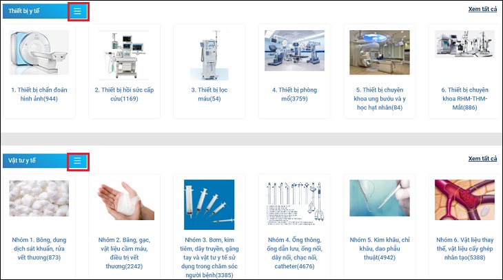 tìm kiếm theo bộ lọc bằng cách nhấn vào ký hiệu 3 gạch ngang ở mục Thiết bị y tế, Vật tư y tế và IVD.