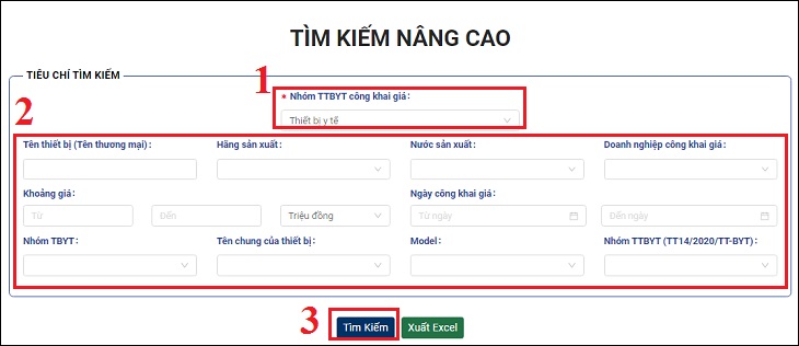 Dùng tìm kiếm nâng cao để tra cứu giá thiết bị y tế