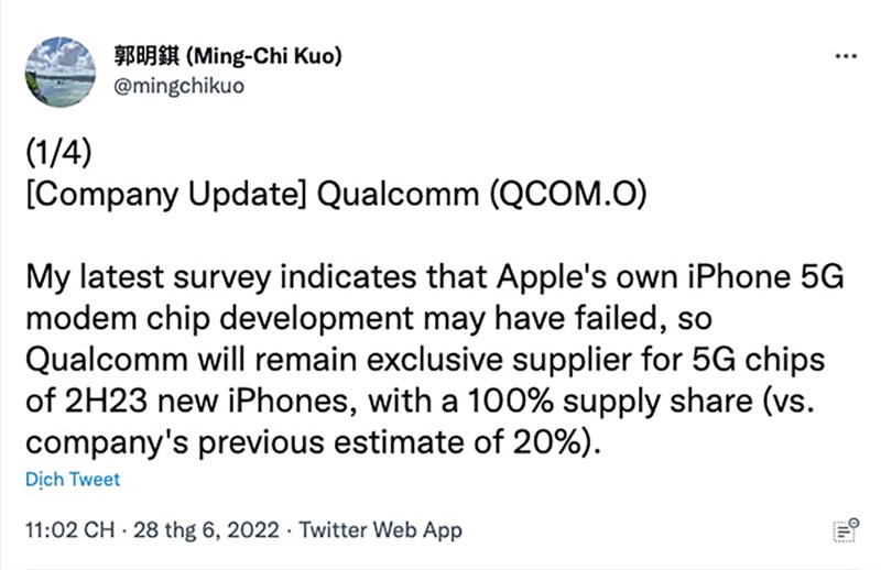Bài đăng của ông Ming-Chi Kuo về khả năng Apple tự tạo ra modem 5G.